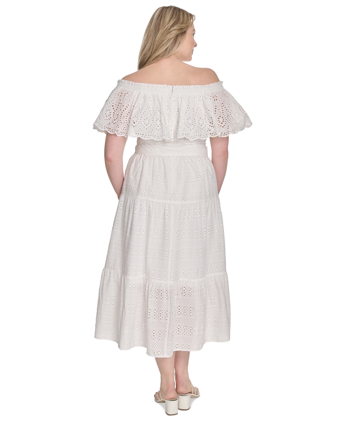 ELIZA J PLUS SIZE EYELET OFF-THE-SHOULDER BELTED MIDI DRESS 