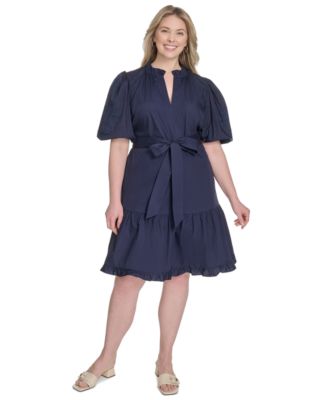 Vince Camuto - Plus Size Cotton Puff-Sleeve Tie-Waist Dress