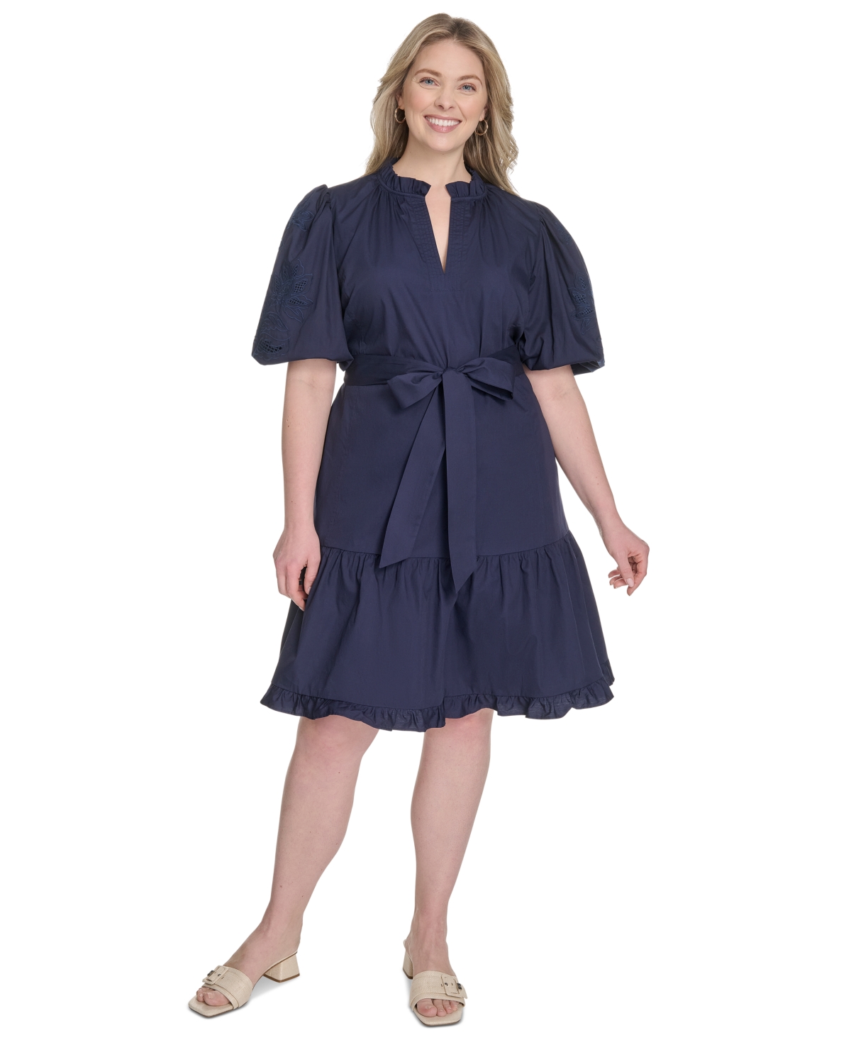 Plus Size Cotton Puff-Sleeve Tie-Waist Dress - Navy