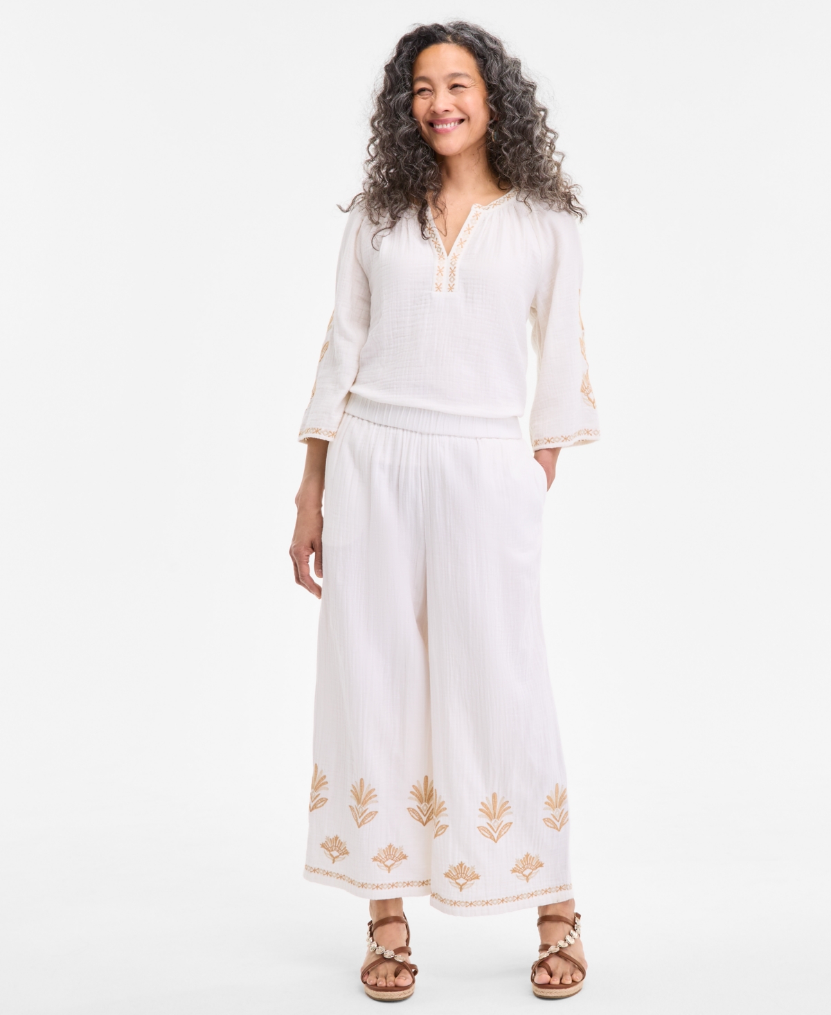 Style & Co Women's Embroidered Cotton Gauze Cropped Pants, Exclusively At Macy's