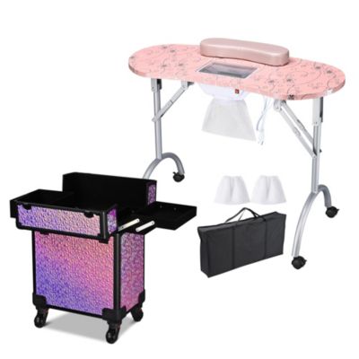 Manicure Table Nail Desk & Rolling Makeup Train Case Kit Mermaid Pink