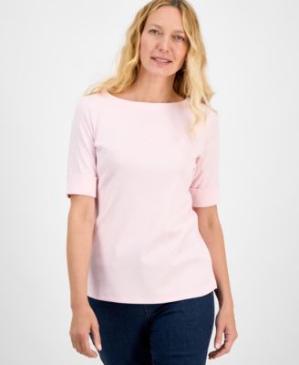 Women's Boat-Neck Elbow Sleeve Cotton Top