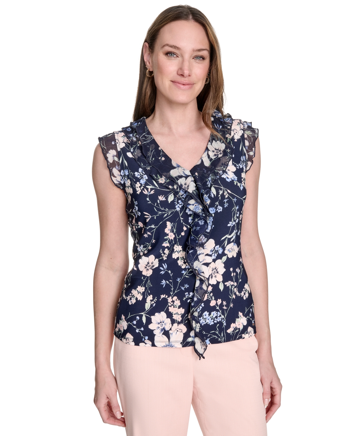 Tommy Hilfiger Women's Floral-print Ruffle V-neck Top