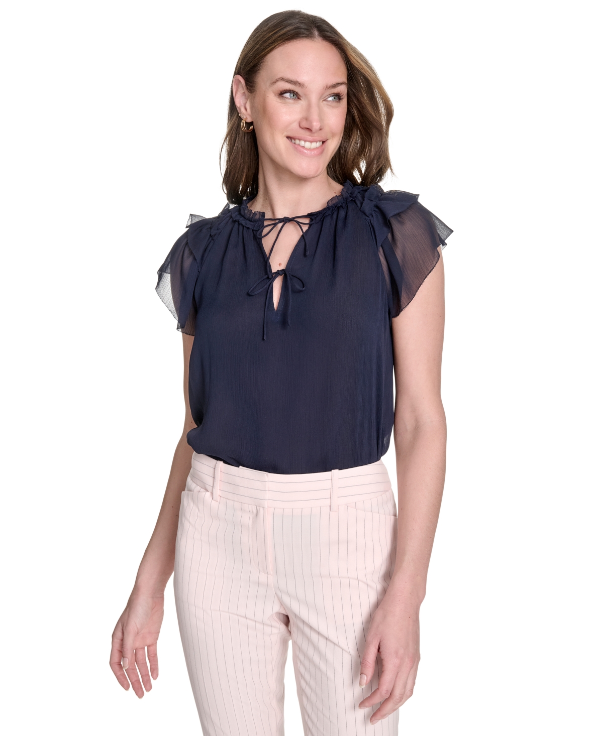Tommy Hilfiger Women's Split-neck Flutter-sleeve Blouse