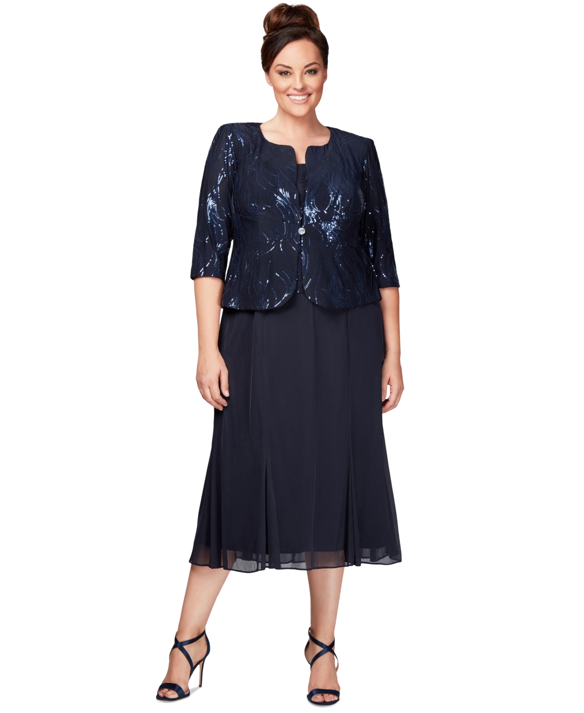 Plus Size Sequined Chiffon Dress and Jacket - Navy
