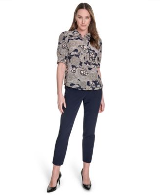 Women's Printed Point Collar Puff-Sleeve Blouse