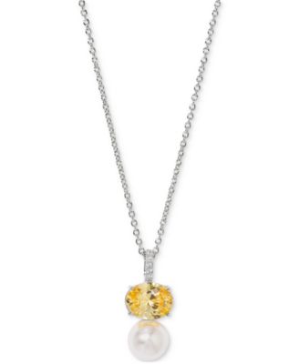 Cubic Zirconia & Imitation Pearl Pendant Necklace, 16" + 2" extender