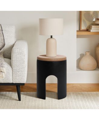 Outdoor Accent Side Table, 18'' Black with Natural Rattan Finish Cement Patio End Table, U-Shaped Base Plant Stand for Patio Backyard, Outdoor Furniture for Lawn Balcony Porch