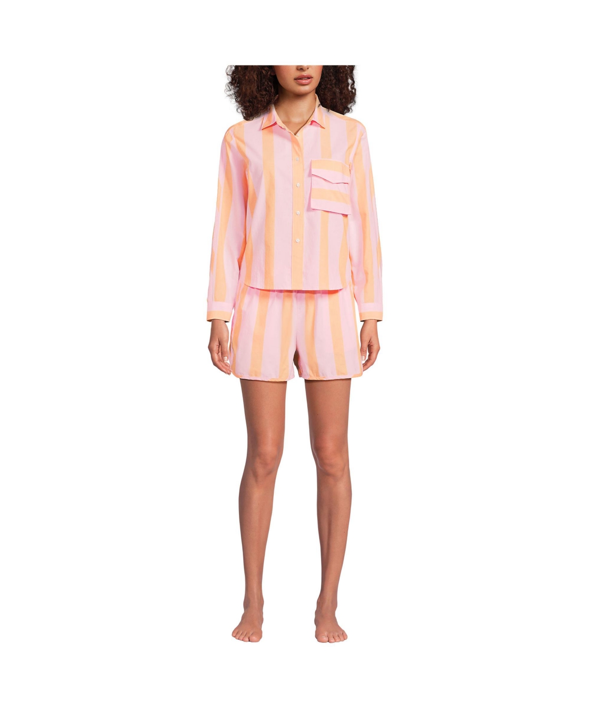 Women's Cotton Poplin 2 Piece Pajama Set - Long Sleeve Top and Shorts with Piping - Brisk blue/rose pink stripe