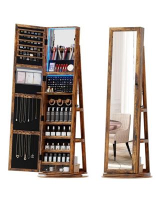 LED jewelry storage cabinet with back storage shelves and 360° rotation.