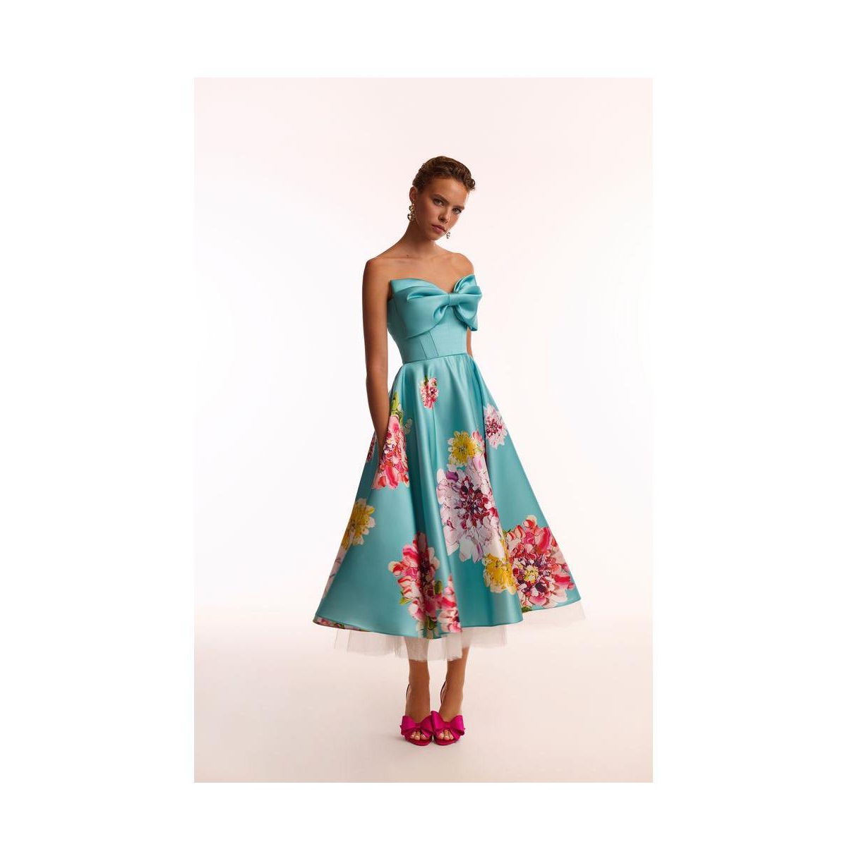 Women's Playful floral midi dress with bow - Orange floral