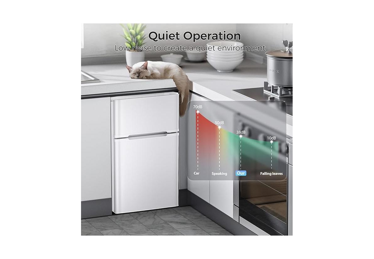 Zafro 3.2 cubic foot mini fridge with separate freezer compartment and double door design is perfect for a basement, apartment, dorm room or office. I