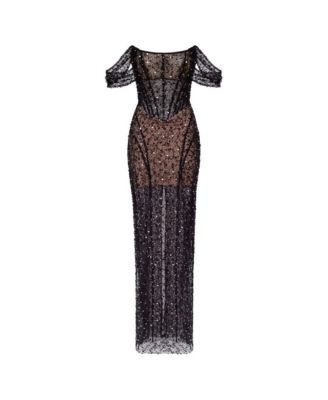 Women's Striking black sequined fitted maxi dress