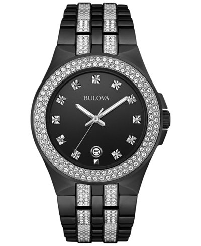 Bulova Men's Crystal Accent Black-Tone Stainless Steel Bracelet Watch 42mm 98B251