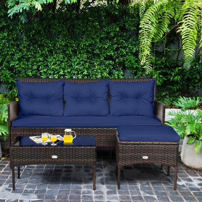 Set of 3 3-Seat Sofa Cushioned Table Rattan Furniture Set Garden Patio