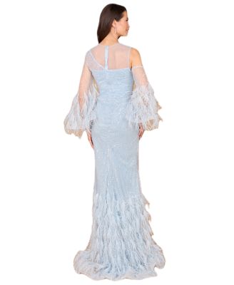 Women's Cold Shoulder Mermaid Lace Gown with Feathers - OUTLET