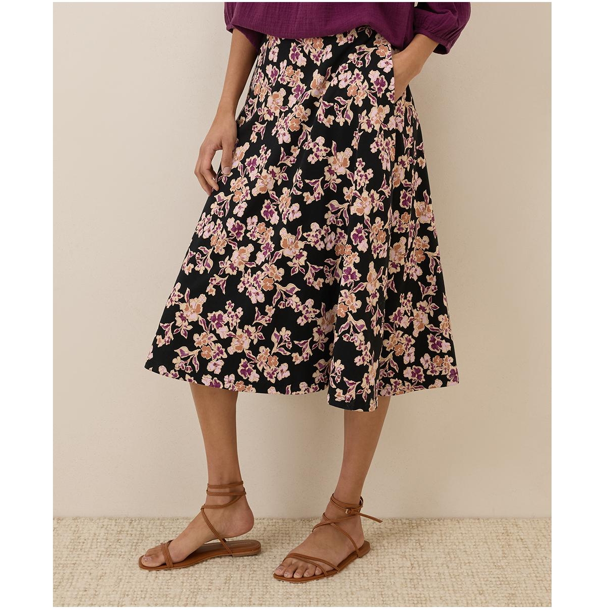 Women's Organic Cotton Fit & Flare Midi Skirt - Nightfall blooms cornflower blue