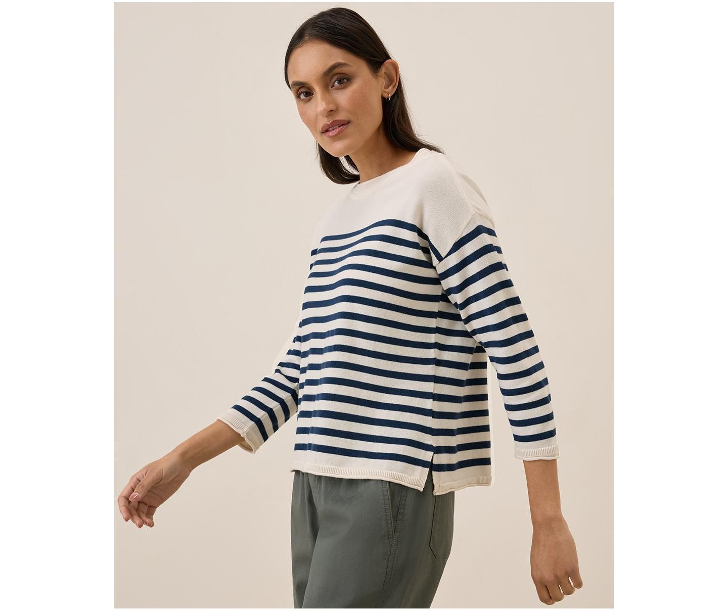 Женский свитер Pact Organic Cotton Classic Fine Knit Wide Neck, цвет: Тёмно-синий полосатый — фото 2