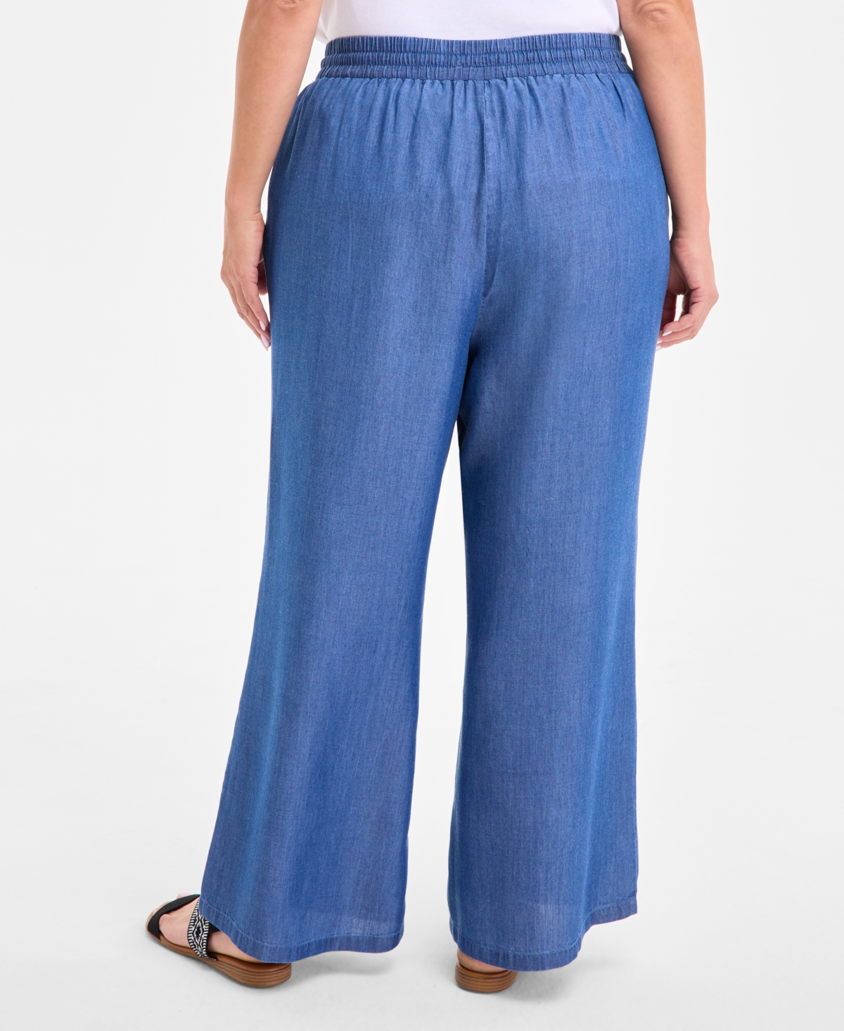 STYLE & CO PLUS SIZE CHAMBRAY DRAWSTRING HIGH-RISE WIDE-LEG PANTS, EXCLUSIVELY AT MACY'S 