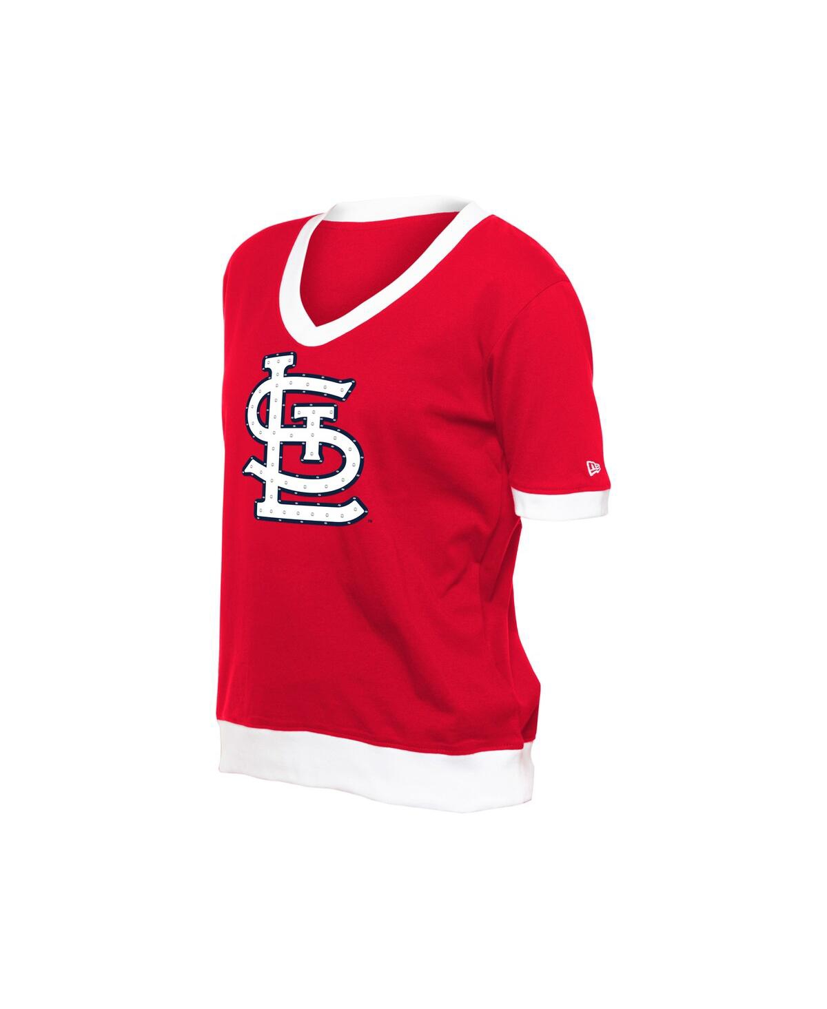 NEW ERA WOMEN'S RED ST. LOUIS CARDINALS GAME DAY RHINESTONE V-NECK T-SHIRT 
