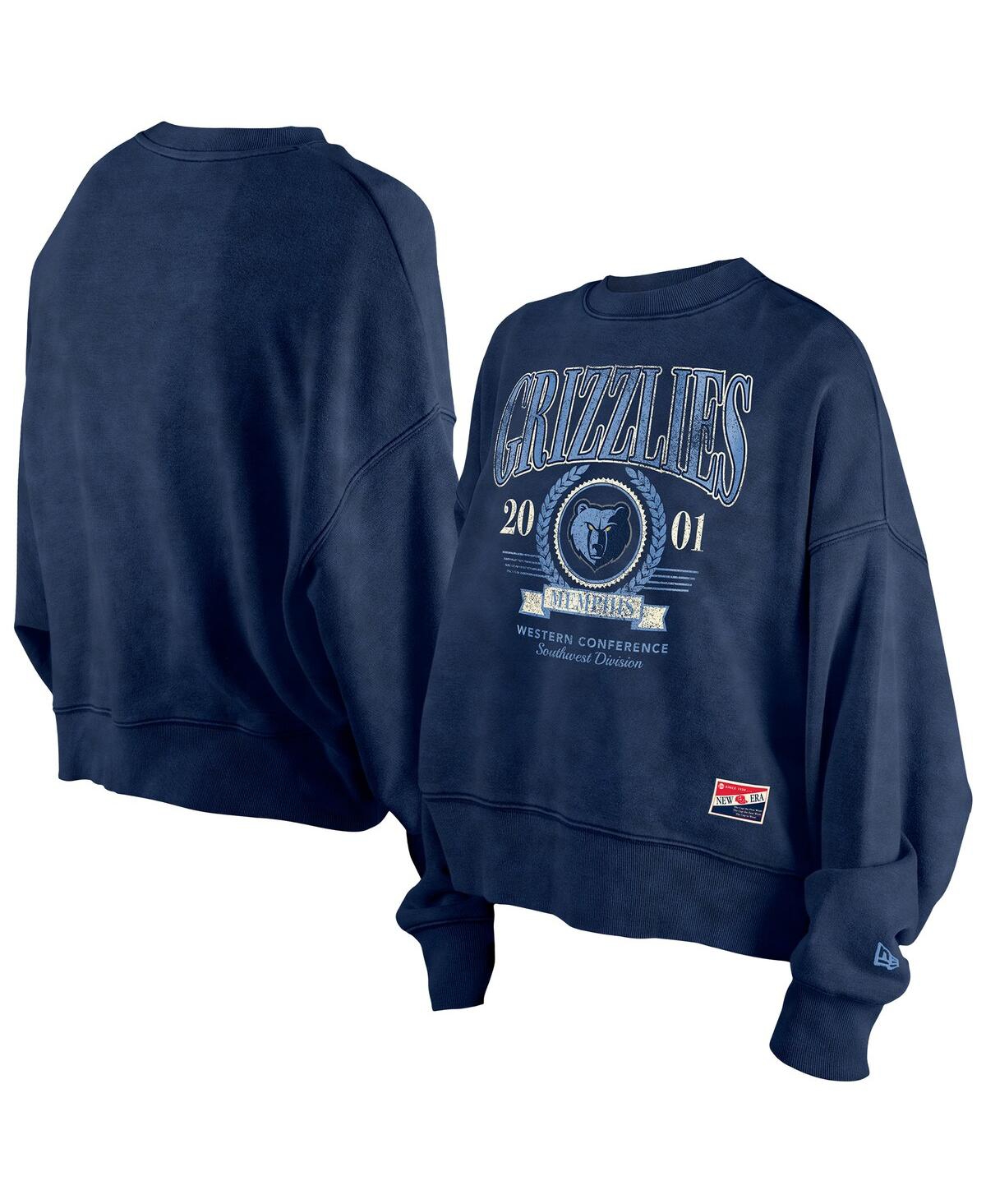 New Era Women's Navy Memphis Grizzlies Hardwood Classics Enzyme Wash Oversized Boxy Pullover Sweatshirt In Navy