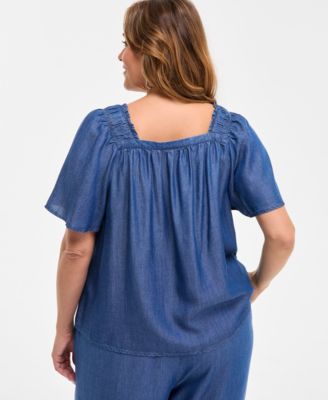 Plus Size Smocked-Square-Neck Short-Sleeve Cotton Top, Exclusively at Macy's 