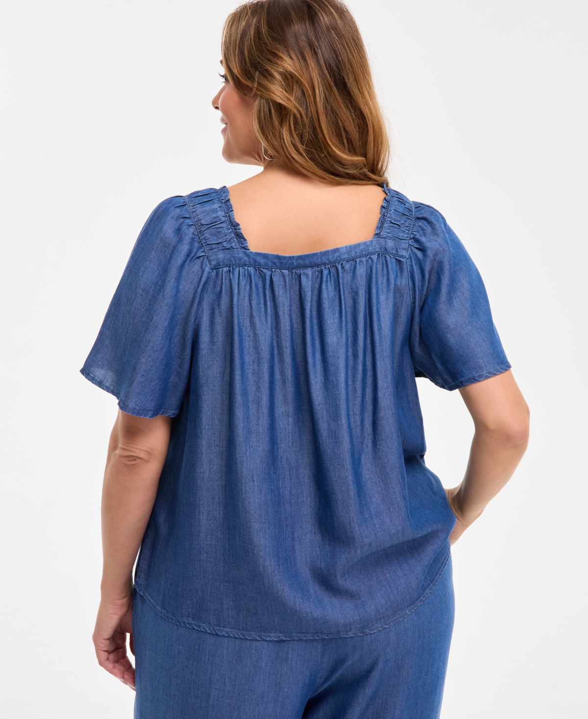 Style & Co Plus Size Smocked-square-neck Short-sleeve Cotton Top, Exclusively At Macy's