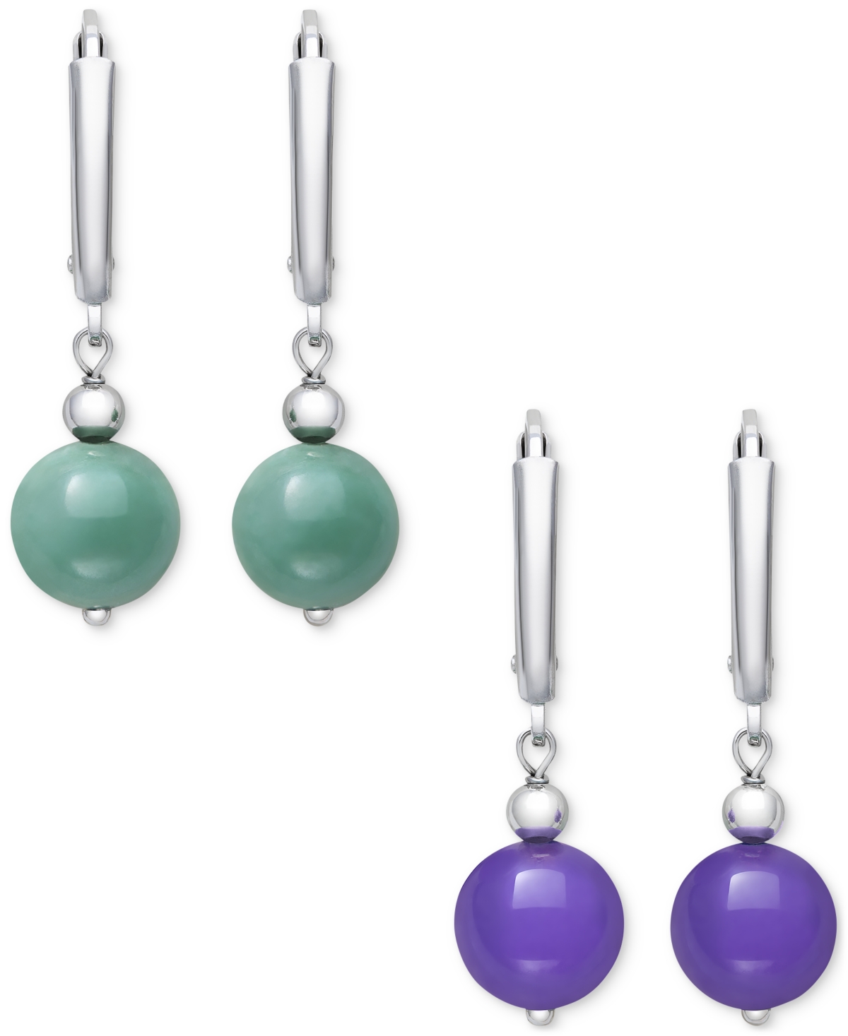 Macy's Dyed Green & Lavender Jade (8mm) 2-pc. Set Drop Earrings In 14k Gold-plated Sterling Silver In Silver