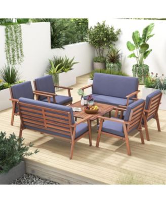 8 Piece Patio Conversation Set Acacia Wood Sofa w/ Cushions & Coffee Table