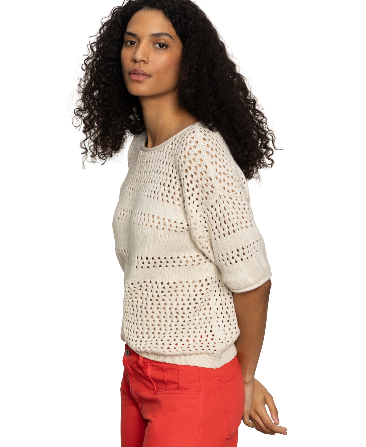 Sanctuary Stripe Open Stitch Elbow Sleeve Cotton Sweater