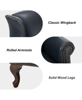 Helmuth Genuine Leather Wingback Armchair with Solid Wood Legs
