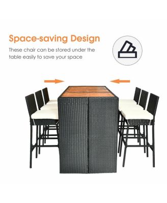 7 PCS Patio Rattan Wicker Bar Dining Furniture Set wood Table Top 6 Stools