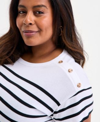 Plus Size Stripe Button-Trim T-Shirt, Exclusively at Macy's 