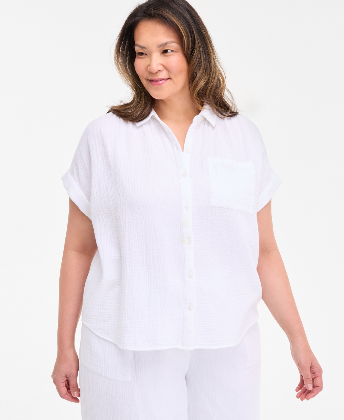Plus Size Button-Front Short-Sleeve Shirt, Exclusively at Macy's - Bright White