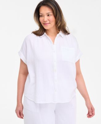 売れ筋商品|||スタイルアンドコー カットソー トップス レディース Plus Size Button-Front Short-Sleeve Shirt, Exclusively at Macy's Stone Wall Style & Co Plus Size Button-Front Short-Sleeve Shirt