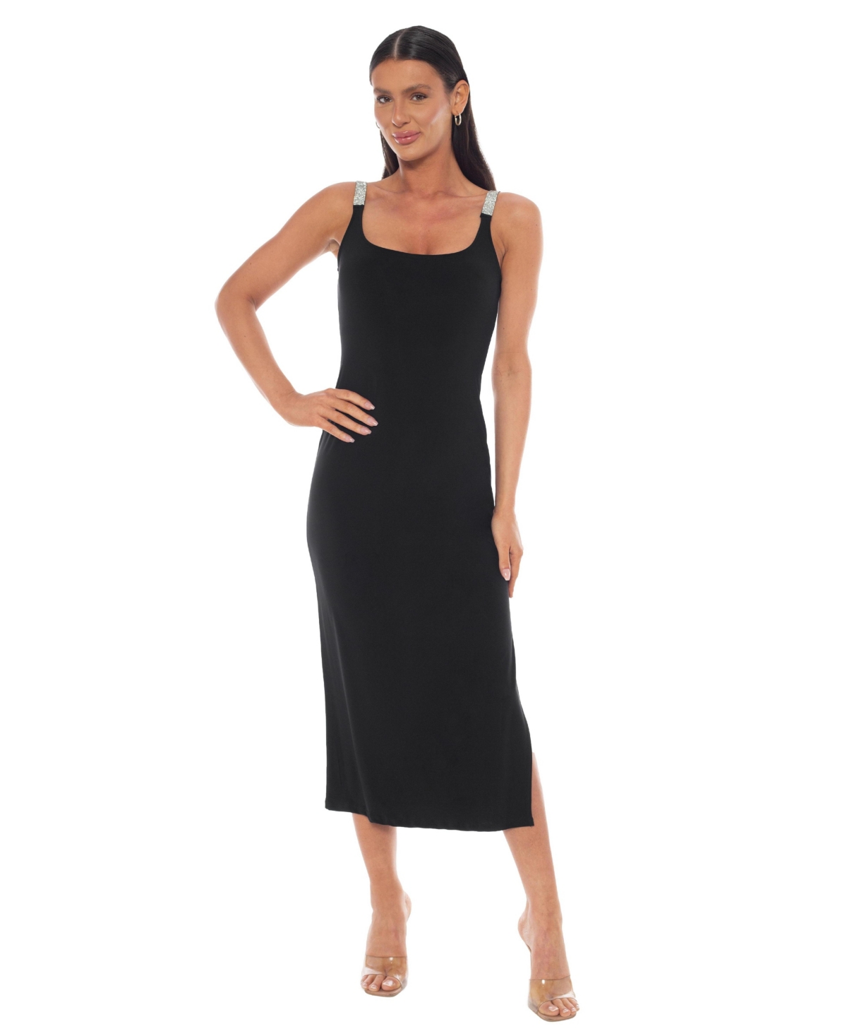 Women's Jersey Maxi Tank Dress with Rhinestone - Black