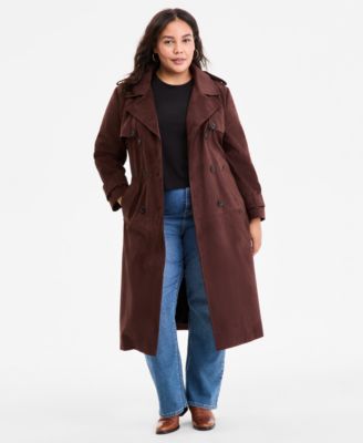 BCBGMAXAZRIA - Plus Size Double-Breasted Faux-Suede Belted Trench Coat