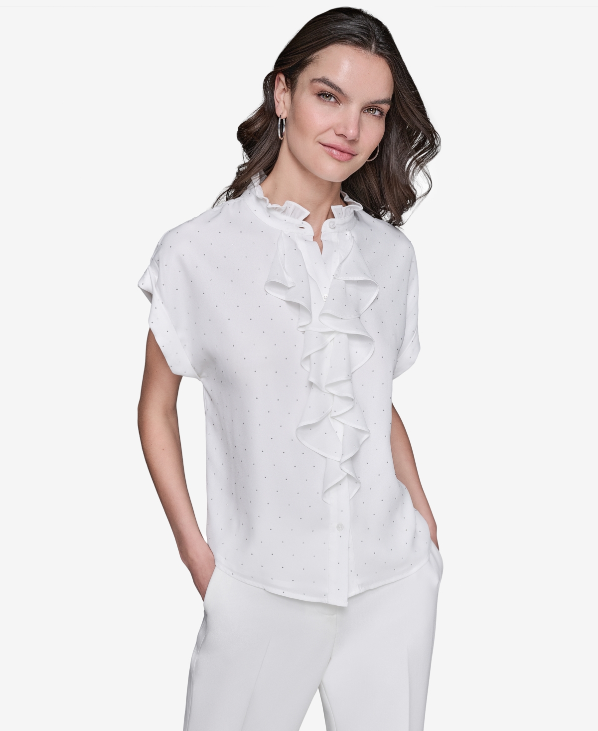 Women's Studded Ruffled Button-Front Shirt - Soft White