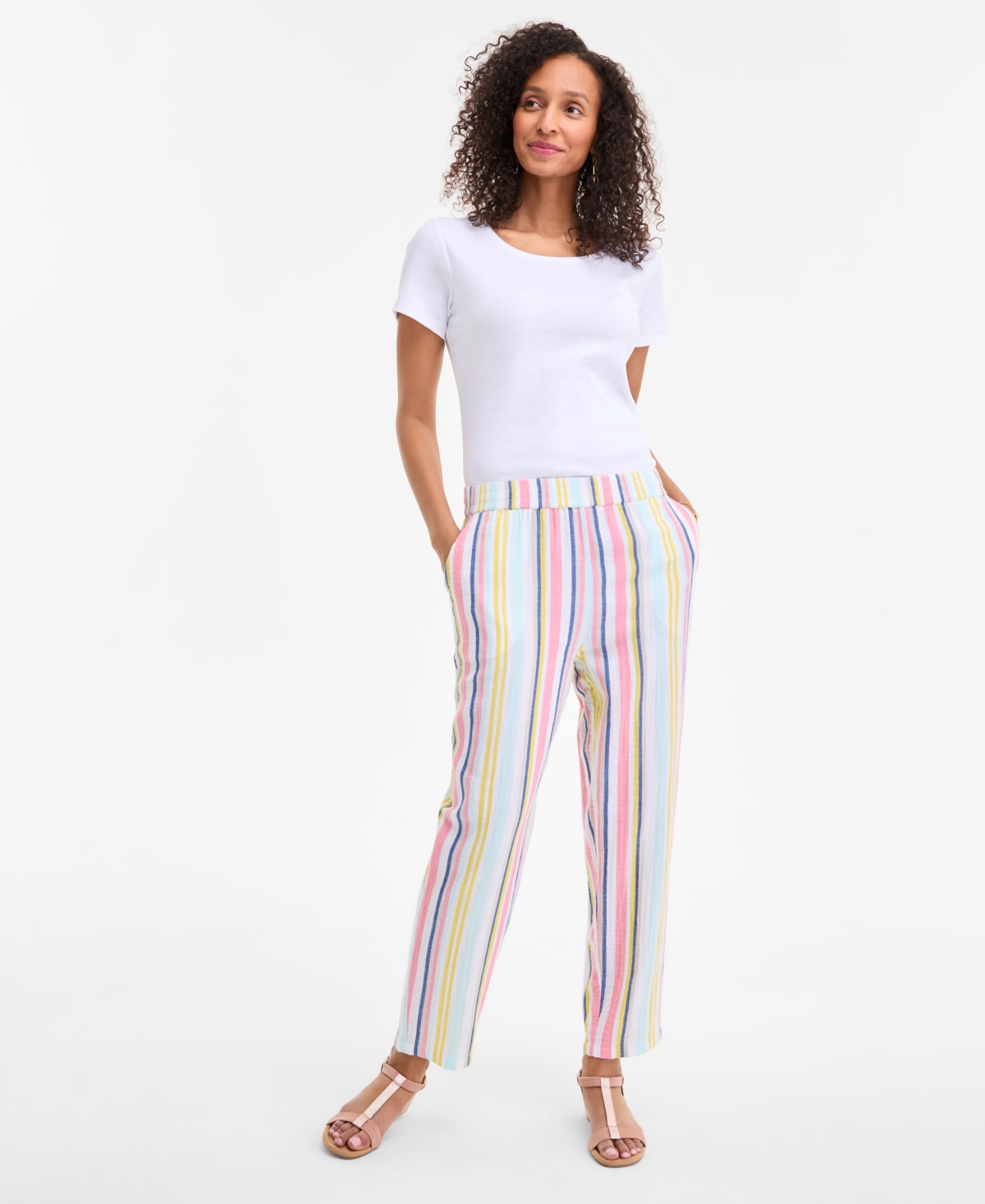 Women's Striped Cotton Gauze Pull-On Pants, Exclusively at Macy's - Multi Stripe