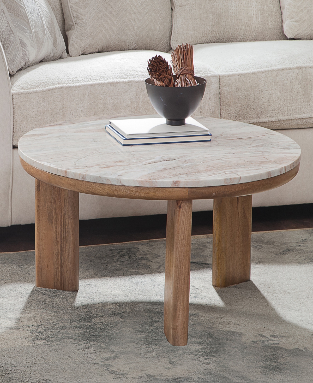 Macy's Sidney 36" Round Marble Top Coffee Table In Multi Step Brown Honey