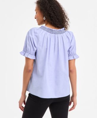 売れ筋商品|||スタイルアンドコー カットソー トップス レディース Women's Cotton Printed Contrast-Stitch Puff-Sleeve Top, Exclusively at Macy's Glories Bright White Style & Co Women's Cotton Contrast-Stitch Puff-Sleeve Top