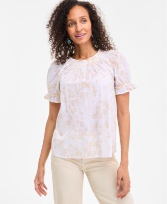 Style & Co - Women's Cotton Printed Contrast-Stitch Puff-Sleeve Top