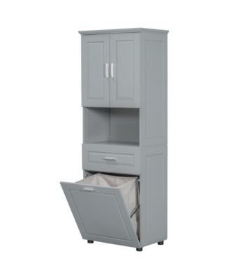 Tall Bathroom Cabinet with Laundry Basket, Large Storage Space Tilt-Out Laundry Hamper and Upper Storage Cabinet, Grey