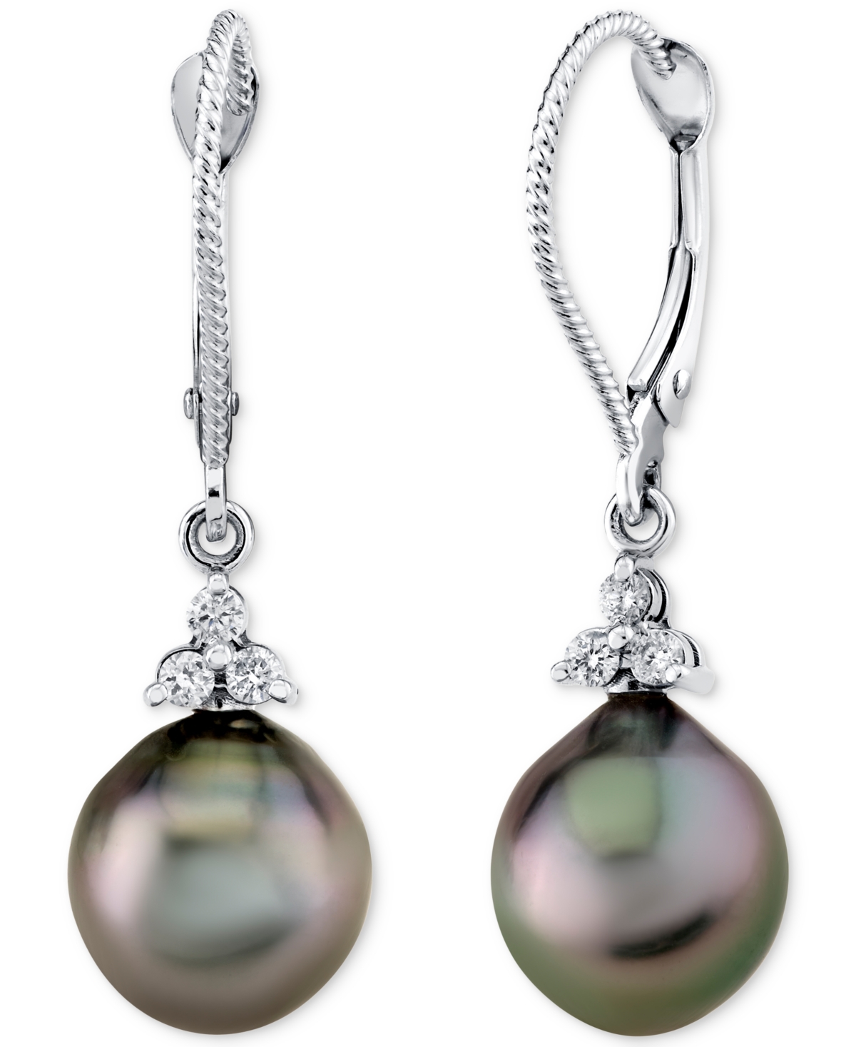 Cultured Tahitian Pearl (9mm) & Diamond (1/8 ct. t.w.) Drop Earrings in 14k White Gold - White Gold