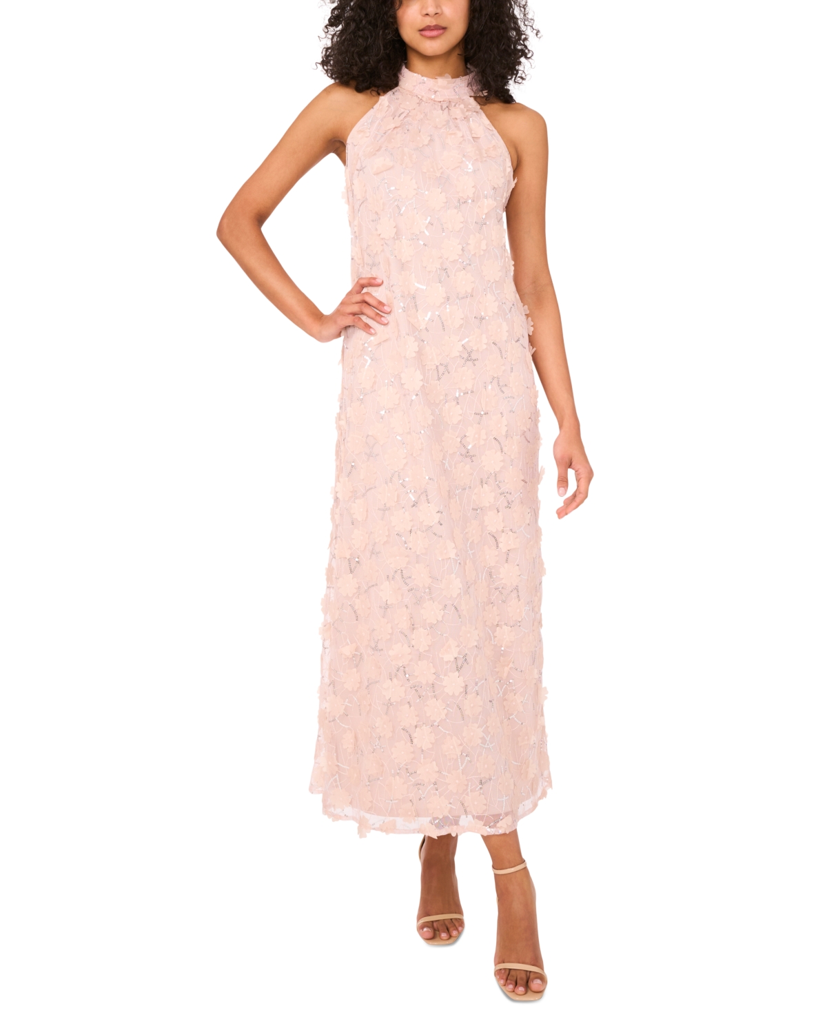 Msk Petite 3d Floral-applique Halter Dress
