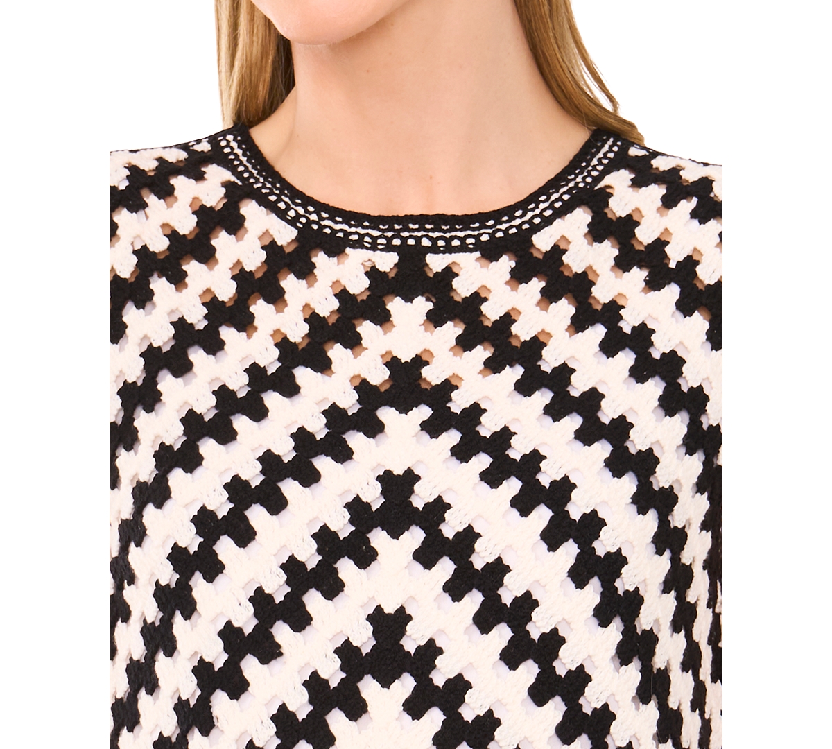 Cece Chevront Stripe Cotton Blend Crochet Sweater Tank In Black