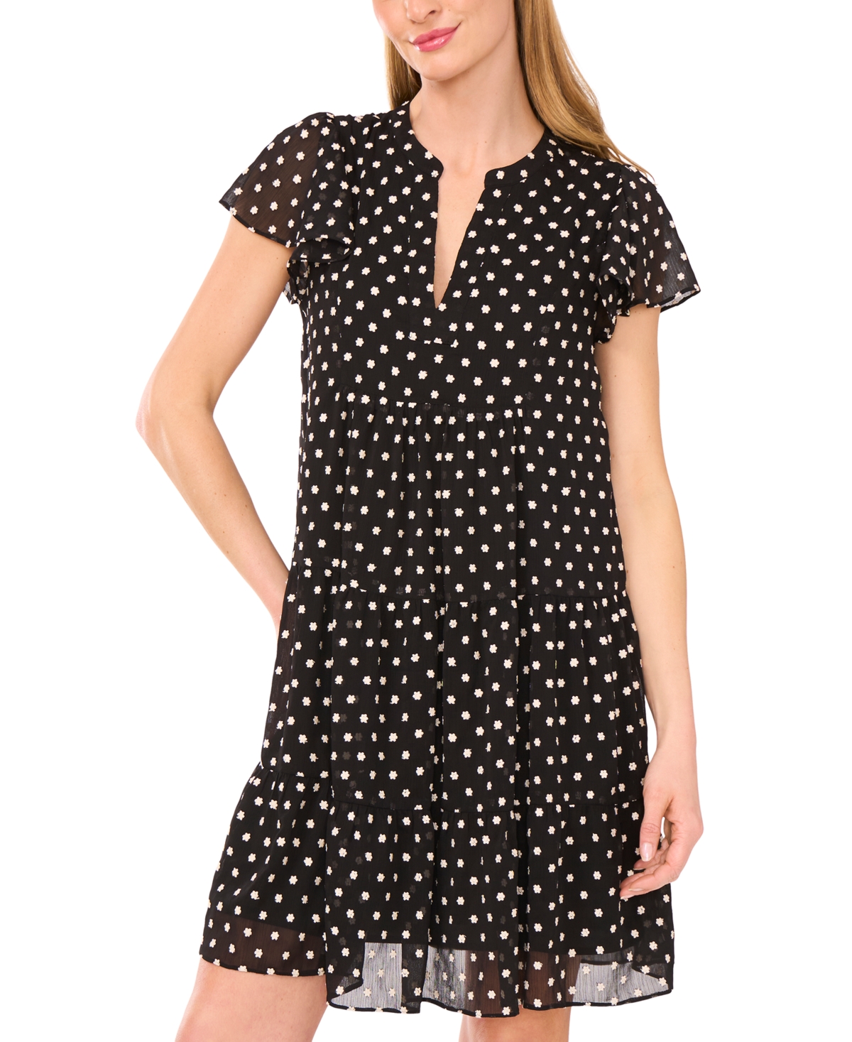 Cece Embroidered Floral Flutter Sleeve Tiered Minidress In Black