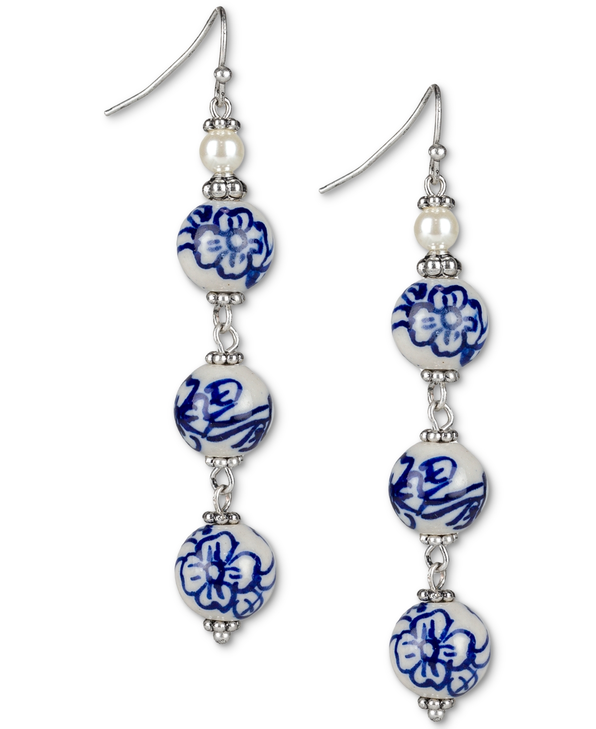 Silver-Tone Flower Bead Linear Drop Earrings - Silver Ox