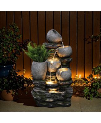3-Tier Gray Pots on Stacked Rocks 2.5-Feet Tall Outdoor Polyresin Fountain with Lights and Gray Side Planter
