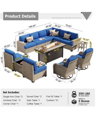 13 Piece Outdoor Patio Furniture Sets with Fire Pit Table,All Weather Wicker Sectional Sofa with Extra Deep Patio Swivel Chairs and Solar Powered Coffee Table for Porch,Garden,Backyard